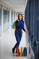 Fashion Shopping Girl Portrait. Beauty Woman with Shopping Bags in Shopping Mall. Shopper. Sales. Shopping Center photo