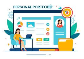 personal portafolio vector ilustración con perfil datos, currículum o yo mejora a atraer clientela y empleadores en plano dibujos animados antecedentes