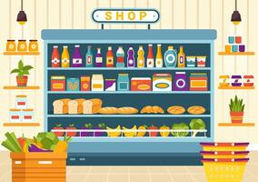 Grocery Store Shelf Vector Illustration with Foods Items and Products Assortiment on the Supermarket for Shopping Daily Needs in Flat Background