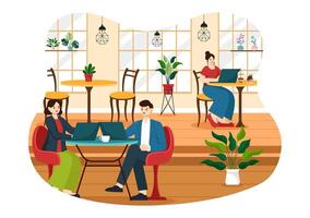 Internet Cafe Vector Illustration with Building for Young People Playing Games, Workplace use a Laptop, Talking and Drinking in Flat Background