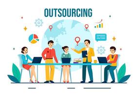 outsourcing negocio vector ilustración con idea de trabajo en equipo, empresa desarrollo, inversión y proyecto delegación en plano dibujos animados antecedentes