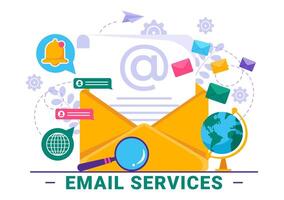 correo electrónico Servicio vector ilustración con archivo correspondencia entrega, electrónico correo mensaje y negocio márketing en plano dibujos animados antecedentes