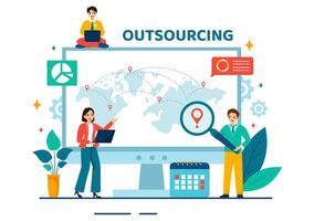 outsourcing negocio vector ilustración con idea de trabajo en equipo, empresa desarrollo, inversión y proyecto delegación en plano dibujos animados antecedentes