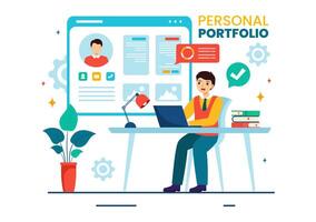 personal portafolio vector ilustración con perfil datos, currículum o yo mejora a atraer clientela y empleadores en plano dibujos animados antecedentes