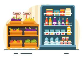 Grocery Store Shelf Vector Illustration with Foods Items and Products Assortiment on the Supermarket for Shopping Daily Needs in Flat Background