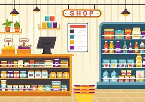 Grocery Store Shelf Vector Illustration with Foods Items and Products Assortiment on the Supermarket for Shopping Daily Needs in Flat Background