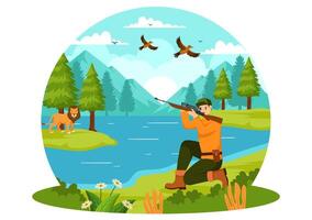 caza vector ilustración con cazador rifle o arma para disparo a aves o salvaje animales en el bosque en plano dibujos animados antecedentes diseño