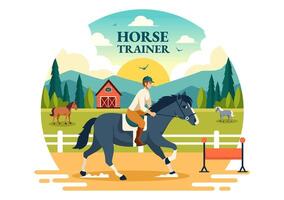 Equestrian Sport Horse Trainer Vector Illustration with Training, Riding Lessons and Running Horses in Flat Cartoon Background Design