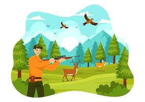 caza vector ilustración con cazador rifle o arma para disparo a aves o salvaje animales en el bosque en plano dibujos animados antecedentes diseño