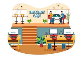 Internet café vector ilustración con edificio para joven personas jugando juegos, lugar de trabajo utilizar un computadora portátil, hablando y Bebiendo en plano antecedentes