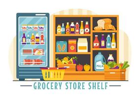 Grocery Store Shelf Vector Illustration with Foods Items and Products Assortiment on the Supermarket for Shopping Daily Needs in Flat Background