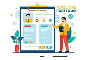 personal portafolio vector ilustración con perfil datos, currículum o yo mejora a atraer clientela y empleadores en plano dibujos animados antecedentes