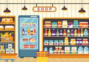 Grocery Store Shelf Vector Illustration with Foods Items and Products Assortiment on the Supermarket for Shopping Daily Needs in Flat Background