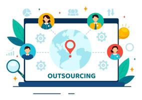 outsourcing negocio vector ilustración con idea de trabajo en equipo, empresa desarrollo, inversión y proyecto delegación en plano dibujos animados antecedentes