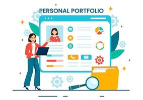 personal portafolio vector ilustración con perfil datos, currículum o yo mejora a atraer clientela y empleadores en plano dibujos animados antecedentes