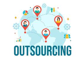 outsourcing negocio vector ilustración con idea de trabajo en equipo, empresa desarrollo, inversión y proyecto delegación en plano dibujos animados antecedentes