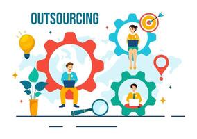 outsourcing negocio vector ilustración con idea de trabajo en equipo, empresa desarrollo, inversión y proyecto delegación en plano dibujos animados antecedentes