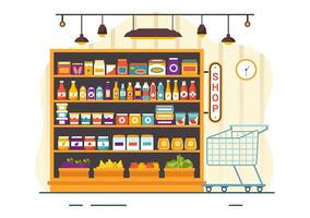 tienda de comestibles Tienda estante vector ilustración con comidas artículos y productos surtido en el supermercado para compras diario necesidades en plano antecedentes