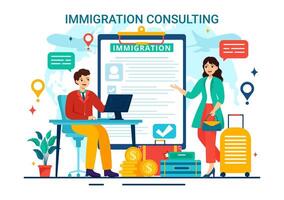 inmigración consultor vector ilustración con asesoramiento asistencia para proporcionar Consejo a personas quien será hacer el moverse en plano antecedentes