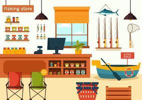 Fishing Store Vector Illustration with Selling Various Fishery Equipment, Bait, Fish Catching Accessories or Items on Flat Cartoon Background