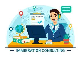 inmigración consultor vector ilustración con asesoramiento asistencia para proporcionar Consejo a personas quien será hacer el moverse en plano antecedentes