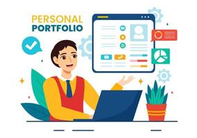 personal portafolio vector ilustración con perfil datos, currículum o yo mejora a atraer clientela y empleadores en plano dibujos animados antecedentes