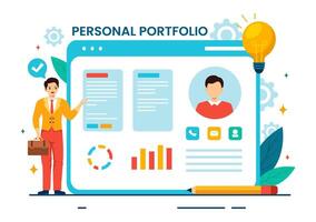 personal portafolio vector ilustración con perfil datos, currículum o yo mejora a atraer clientela y empleadores en plano dibujos animados antecedentes