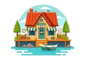 Fishing Store Vector Illustration with Selling Various Fishery Equipment, Bait, Fish Catching Accessories or Items on Flat Cartoon Background