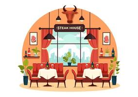 Steakhouse Vector Illustration with Restaurant that Provides Grilled Meat with Juicy Delicious Steak, Salad and Tomatoes for Barbecue in Background