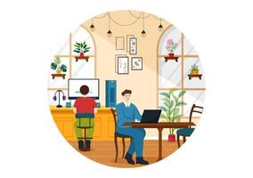 Internet Cafe Vector Illustration with Building for Young People Playing Games, Workplace use a Laptop, Talking and Drinking in Flat Background