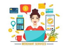 comerciante Servicio vector ilustración de digital márketing estrategia con personas remisión negocio y ganar dinero en línea en plano dibujos animados antecedentes