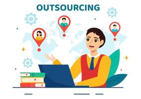 outsourcing negocio vector ilustración con idea de trabajo en equipo, empresa desarrollo, inversión y proyecto delegación en plano dibujos animados antecedentes