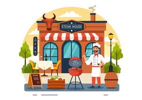 Steakhouse Vector Illustration with Restaurant that Provides Grilled Meat with Juicy Delicious Steak, Salad and Tomatoes for Barbecue in Background