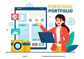 personal portafolio vector ilustración con perfil datos, currículum o yo mejora a atraer clientela y empleadores en plano dibujos animados antecedentes