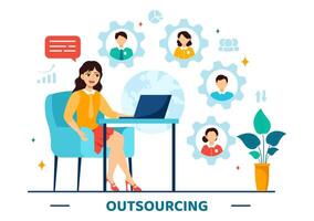 outsourcing negocio vector ilustración con idea de trabajo en equipo, empresa desarrollo, inversión y proyecto delegación en plano dibujos animados antecedentes