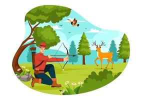 caza vector ilustración con cazador rifle o arma para disparo a aves o salvaje animales en el bosque en plano dibujos animados antecedentes diseño