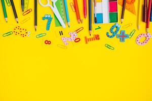 School equipment. Variety of school supplies. Flat lay photo