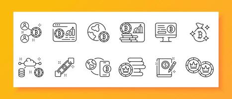 Banking icon set. Bitcoin, blockchain, cryptocurrency, investments, course, smartphone, application, book, pencil. Black icon on a white background. Vector line icon for business and advertising