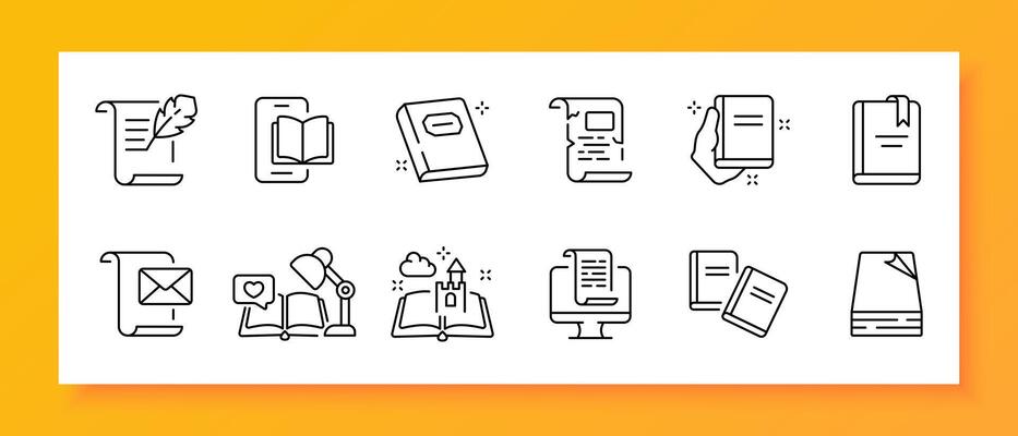 Calligraphy icon set. Young author, scroll, pen, art, beauty, fairy tales, monitor, message. Black icon on a white background. Vector line icon for business and advertising
