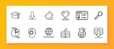 Online learning icon set. Book, video hosting, headphones, online call, smartphone, e-book. Black icon on a white background. Vector line icon for business and advertising