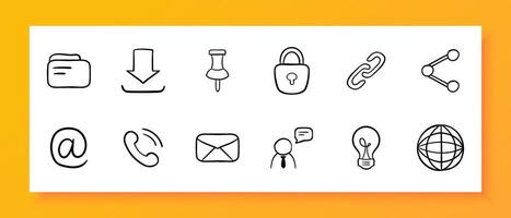 Internet icon set. Lock, password, planet, light bulb, folder, download, paper clip, information. Black icon on a white background. Vector line icon for business and advertising