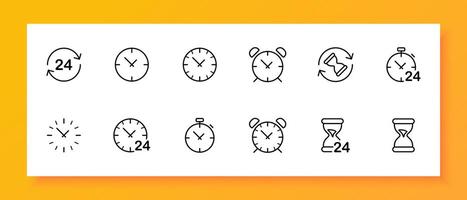 Clock icon set. Alarm clock, bell, time, early rise, hourglass, timer, measurement, physics, science, watchmaker. Black icon on a white background. Vector line icon for business and advertising