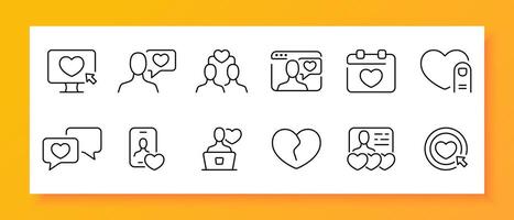 Dating site icon set. Monitor, heart, forehead, relationship, date, correspondence, chatting. Black icon on a white background. Vector line icon for business and advertising