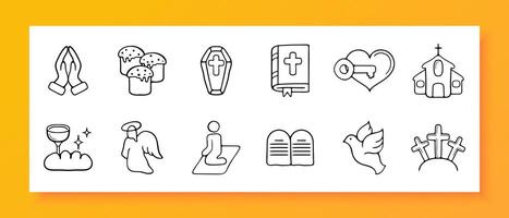 Christianity icon set. Angel, faith, communion, gazebo, bible. cross, prayer, halo. Black icon on a white background. Vector line icon for business and advertising