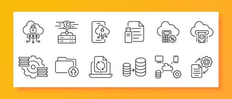 Security icon set. File, lock, shield, monitor, cloud, server, smartphone, hand, message. Black icon on a white background. Vector line icon for business and advertising