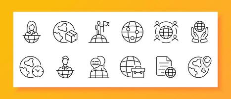 News icon set. International scale, delegation. reporter, interviewer, briefcase, planet, gps mark, flag. Black icon on a white background. Vector line icon for business and advertising