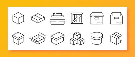 Delivery icon set. Boxes, warehouse, placement, mover, moving, attic, basement, things, cardboard, closet, set. Black icon on a white background. Vector line icon for business and advertising