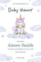 Cute baby shower invitation for girls. Greeting card with fairytale unicorn on the cloud. New born celebration. Template of newborn's party invitation. Watercolor hand drawn illustration. vector