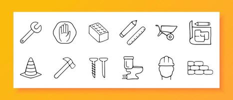 Construction icon set. Bricks, helmet, hammer, key, drawing, cart, ruler, pencil. Black icon on a white background. Vector line icon for business and advertising