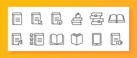 Book icon set. Sound, audio, click, download, convenience, tablet, checkmark, note. Black icon on a white background. Vector line icon for business and advertising